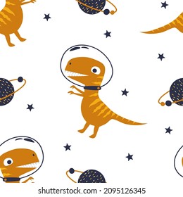Dinosaurio en el espacio. Patrón plano simple dibujado a mano sobre un fondo blanco. Fondo vectorial.