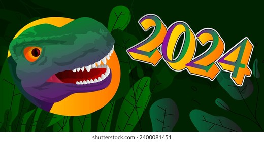 Dinosaur with speech bubble saying 2024 number. Tyrannosaurus Rex with thoughts.