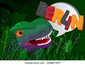 Dinosaur with speech bubble saying Berlin word.