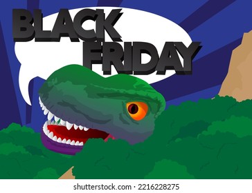 Dinosaur with speech bubble saying Black Friday word. Tyrannosaurus Rex with thoughts.