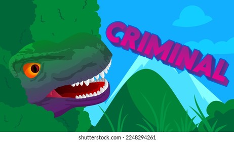 Dinosaur with speech bubble saying Criminal word. Tyrannosaurus Rex with thoughts.