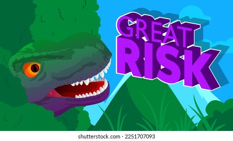 Dinosaur with speech bubble saying Great Risk word. Tyrannosaurus Rex with thoughts.