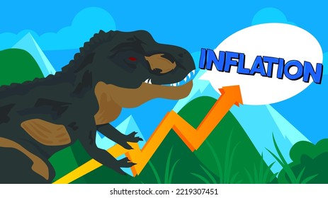 Dinosaur with speech bubble saying Inflation word. Tyrannosaurus Rex with thoughts.