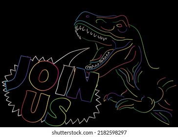 Dinosaur with speech bubble saying Join Us word. Tyrannosaurus Rex with thoughts.