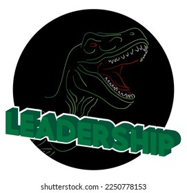 Dinosaur with speech bubble saying Leadership word. Tyrannosaurus Rex with thoughts.
