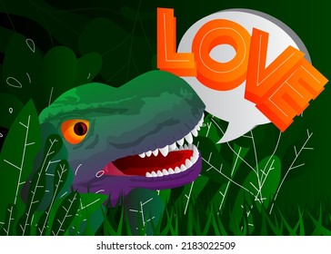 Dinosaur with speech bubble saying Love word. Tyrannosaurus Rex with thoughts.