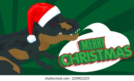Dinosaur with speech bubble saying Merry Christmas word. Tyrannosaurus Rex with thoughts.