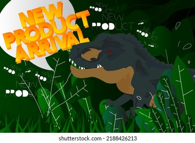 Dinosaur with speech bubble saying New Product Arrival word. Tyrannosaurus Rex with thoughts.