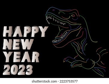 Dinosaur with speech bubble saying New Year word. Tyrannosaurus Rex with thoughts. Holiday greeting card. Abstract vector illustration.