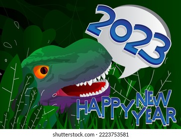 Dinosaur with speech bubble saying New Year word. Tyrannosaurus Rex with thoughts. Holiday greeting card. Abstract vector illustration.