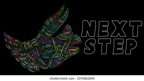 Dinosaur with speech bubble saying Next Step word. Tyrannosaurus Rex with thoughts.