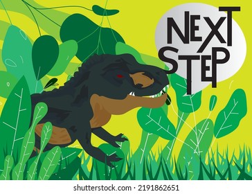 Dinosaur with speech bubble saying Next Step word. Tyrannosaurus Rex with thoughts.