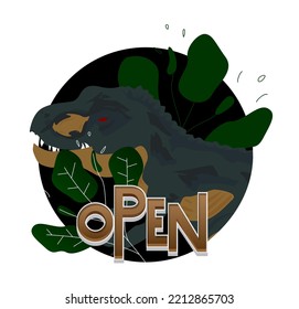 Dinosaur with speech bubble saying Open word. Tyrannosaurus Rex with thoughts.