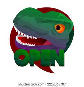Dinosaur with speech bubble saying Open word. Tyrannosaurus Rex with thoughts.