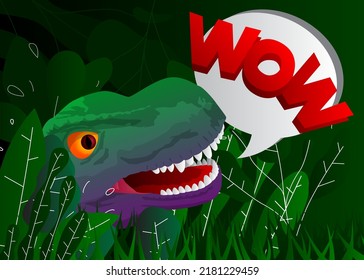 Dinosaur with speech bubble saying Wow word. Tyrannosaurus Rex with thoughts.