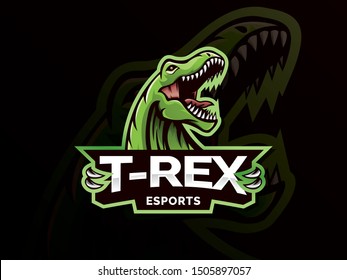 Dinosaur sport mascot logo design illustration. T-Rex Head mascot sports logo. T Rex Head mascot sports emblem illustration with hand. Tyrannosaur logo and mascot for eSport team. Sports logo template