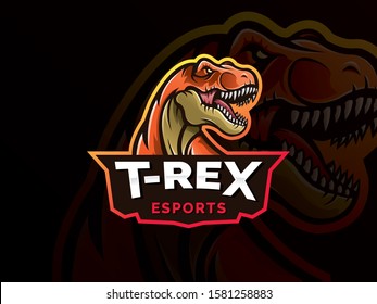 Dinosaur sport mascot logo design illustration. T-Rex Head mascot sports logo. T Rex Head mascot sports emblem illustration with hand. Tyrannosaur logo and mascot for eSport team. Sports logo template