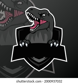 Dinosaur sport mascot logo design illustration. T-Rex Head mascot sports logo. T Rex Head mascot sports emblem illustration with hand. Tyrannosaur mascot for eSport team. Sports logo template