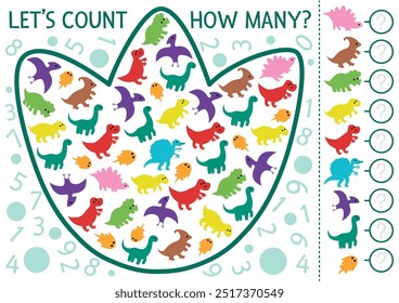 Dinosaur I spy game for kids in footprint shape. Searching and counting activity with T-rex, stegosaur, triceratops. Prehistoric printable worksheet for children. Simple dino spotting puzzle