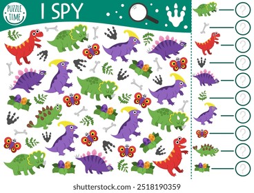 Dinosaur I spy game for kids. Searching and counting activity with T-rex, triceratops, stegosaurus. Prehistoric printable worksheet for preschool children. Simple dino land spotting puzzle
