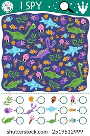 Dinosaur I spy game for kids. Searching and counting activity with plesiosaur, fish, mosasaur. Prehistoric printable worksheet for preschool children. Simple water dino land spotting puzzle
