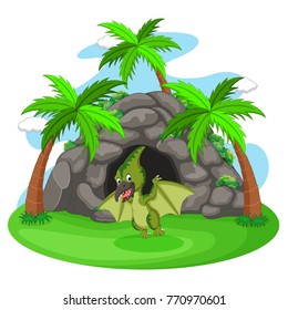 Dinosaur standing in front of a cave illustration