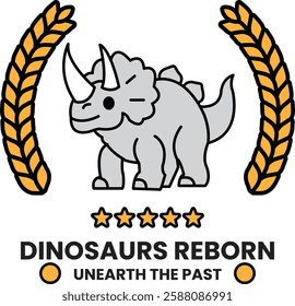A dinosaur is standing in front of a crown of wheat in the style of sign illustrations
