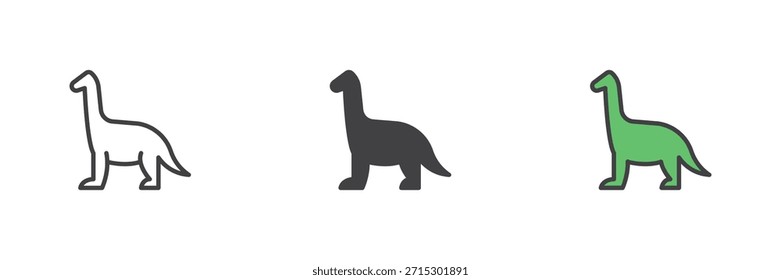 Dinosaur standing icon set in line, solid and filled outline colorful styles. Prehistoric animal vector sign and symbol icon, color illustration for ancient wildlife themes.