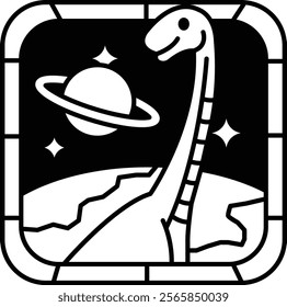 A dinosaur is standing on a planet with a moon in the background. The dinosaur is smiling and he is happy