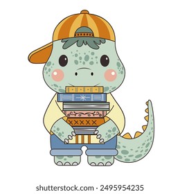 Dinosaur standing with a stack of books in his hands. Character, flat style, children's illustration on a white background. Poster for the book day