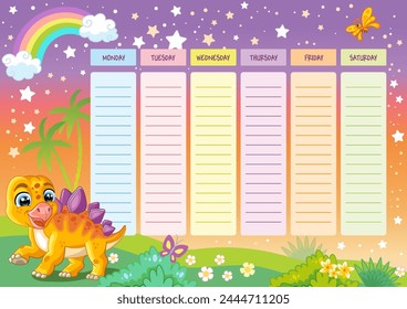 Dinosaur stationery weekly planner and daily organizer for kids, Monday to Sunday schedule. Cute dino, rainbow and stars. Colorful vector illustration. Time table organizer frame. Editable element