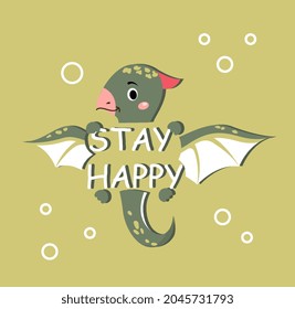 Dinosaur stay happy. Emotional support, smartphone wallpaper. Pictures for children, mythical creatures. Nursery posters and banners. Cartoon flat vector illustration isolated on green background