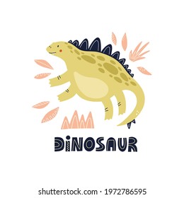 Dinosaur stegosaurus hand drawn vector illustration for cute nursery poster design.
