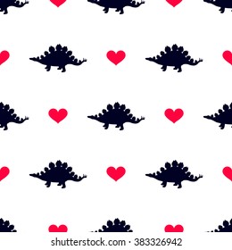 Dinosaur Stegosaurus and heart. Cute seamless background. EPS 10