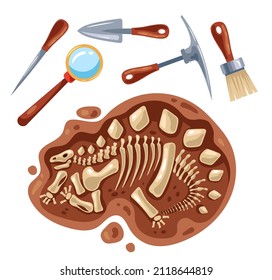 Dinosaur stegosaurus esqueleto herramientas de excavaciones fósiles aisladas conjunto. Ilustración de diseño gráfico plano vectorial