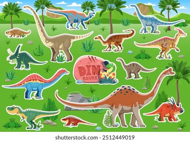 Dinosaur stickers, cute cartoon dino animals on jurassic nature landscape vector background. Funny prehistoric dinosaurs and baby dino in egg. Allosaurus, styracosaurus and iguanodon stickers