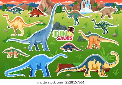 Adesivos de dinossauros, dino engraçado e lagartos jurássicos no parque das selvas, fundo de desenhos animados vetoriais. Coleção de adesivos de répteis pré-históricos de dinossauro infantil com arinocerpators, hypacrosaurus, panoplosaurus