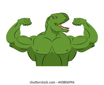 Dinosaur strong athlete. Angry fitness Tyrannosaurus. Wild animal bodybuilder with huge muscles. Prehistoric reptile. Ancient predator. beast Jurassic. trainer large fangs. Sports team mascot
