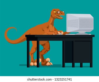 A dinosaur struggles to use a computer. Vector illustration, flat style drawing.