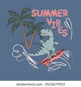 Dinosaur summer vector illustration, can be use as clothes print, poster, invitation, greeting card, packaging design. Dinosaur illustration with dino on the surf in the waves, palm trees, summer vibe