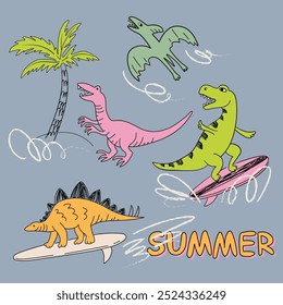 Dinosaur summer vector illustration, can be use as clothes print, poster, invitation, greeting card, packaging design. Dinosaur illustration with dino on the surf.