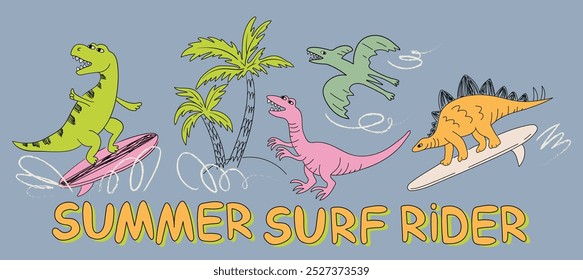 Ilustración vectorial de verano de dinosaurio, se puede utilizar como impresión de la ropa, cartel, invitación, tarjeta de felicitación, diseño de embalaje. Ilustración de dinosaurio con dinosaurio en el surf, palmas, vibraciones de verano, letras.