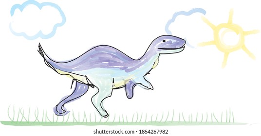 Dinosaur, sun, clouds and grass