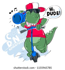 Dinosaur in sun glasses, tshirt and baseball cap with portable speacker riding on a kick scooter. Vector illustration