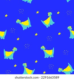 Dinosaur super hero in cape and mask seamless pattern.Hand drawn illustration with dino for kids textile,clothes,accessories,birthday party decor. Doodle vector cartoon character print design apparel.