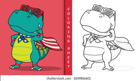 
Dinosaur super hero cartoon. Coloring sheet.