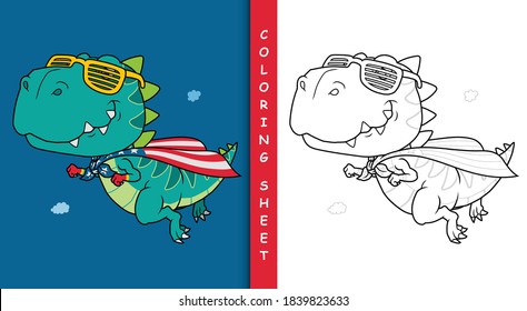 Dinosaur super hero cartoon. Coloring sheet.