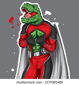 Dinosaur in a superhero costume. Athletic muscular man. Vector illustration for a card or poster, print on clothes. A guy with a pumped up body and a dinosaur head.