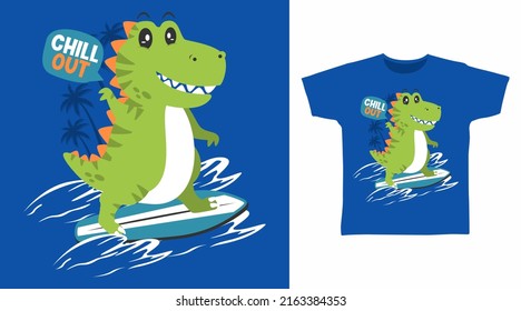 Dinosaur surf cartoon tshirt and apparel designs