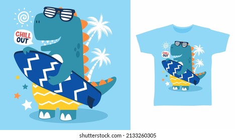 Dinosaur with surfboard cartoon tshirt design concept